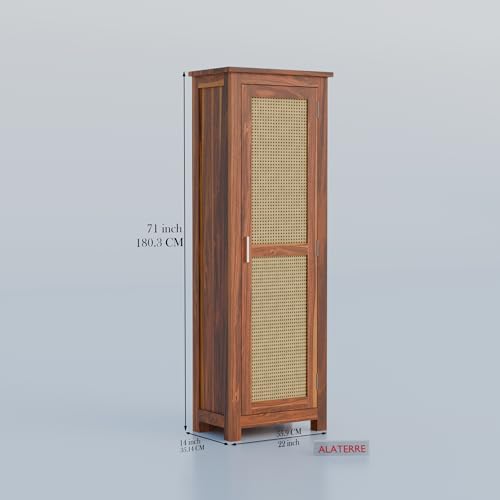 Image of Solid Sheesham Wood Wardrobe with Cane Panel Door | Single Door Wooden Storage Cabinet | Modern Tall Cupboard for Bedroom & Living Room (Honey Finish)