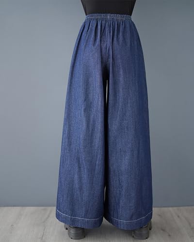 ellazhu Women's Pants Loose Causal Pocket Demin Pants Elastic Waist Wide Leg Solid Color GZ343 A2