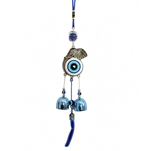 Image of Blue Evil Eye Hanging Wind Chime with Elephant Charm & Turkish Nazar Bead for Home Entrance, Balcony, Living Room, Office Wall Decor & Positive Energy Protection (32-35 cm)