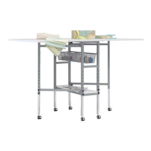 Offex Rolling Folding Height Adjustable Quilting Fabric Cutting Table with Sewing Board Grid and Guides Top, Storage in Silver/White Top