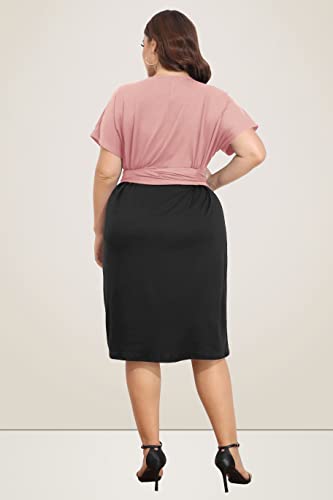 Image of Pinup Fashion Plus Size Dresses for Women Wedding Guest Short Sleeve Tie Front Waist Belted Pencil Work Knee Dress