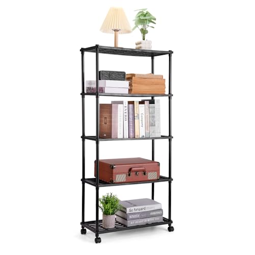 Consejos para Comprar Estantes plasticos los mejores 10. 44 LONEASY Estante plástico con Ruedas, Estante de Plástico con 5 Niveles, Organizador Resistente con Capacidad de 200LBS,Tamaño Chico, 105 cm x 55 cm x 25cm,Montaje sin...