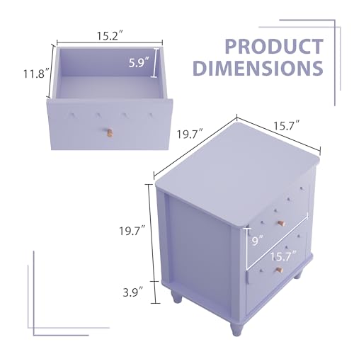Image of Purple Nightstand Side End Table with 2 Drawers, Modern Night Stand with Petal Pattern for Bedroom, Scalloped Bedside Night Tables with Solid Wood Legs