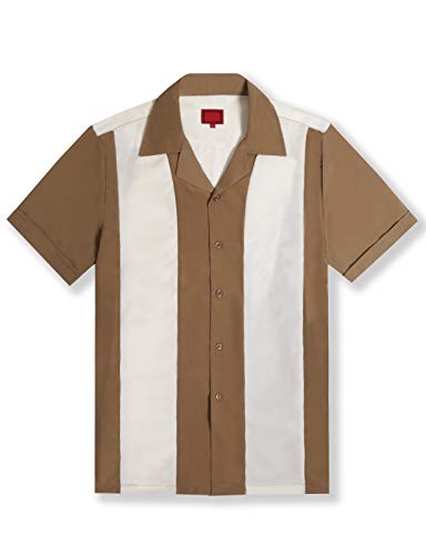 Allsense Men's Short Sleeve Retro Button Down Bowling Camp Shirts Two Tone Striped 4XL Mocha Beige