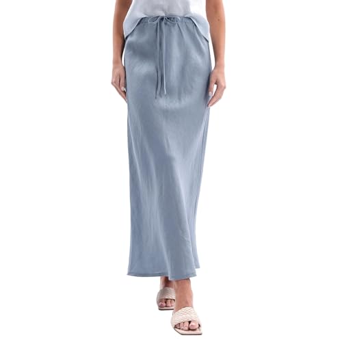 Amazhiyu Women's 100% Linen Drawstring A-Line Midi Skirt for Casual