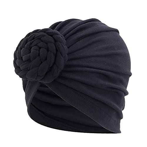 Ydsxlp Turban Kappen Damen Weiche Turban-Hut Kopftücher Kopfbedeckung Elastische Verknotete Beanie Cap Knot Mode Plissee Boho Turban Hut Mütze Kopfwickel Schlafmütze, Noir , taille unique Cover