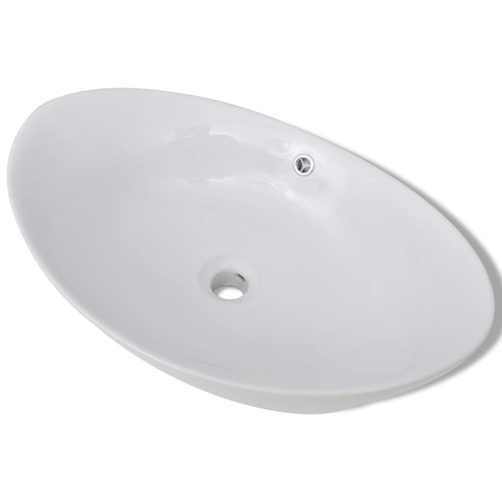 Fregadero ovalado de cerámica para baño, de alto brillo, ovalado, con rebosadero, elegante, ovalado, con orificio de rebosadero, cerámica, ovalado, 59 x 38,5 cm