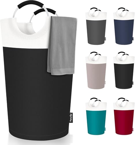 Image of 90L Large Laundry Basket, Collapsible Laundry Bag, Freestanding Tall Clothes Hamper, Foldable Washing Bin (Black & Beige)