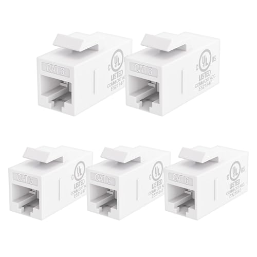 VCE UL Listed CAT6 RJ45 Keystone Jack Inline Coupler 5-Pack, Female to Female Ethernet Cable Extender - White
