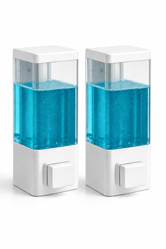 Prem Tiles Wall Mounted Liquid Soap Dispenser | Manual Handwash & Sanitizer Dispenser | Refillable Bathroom & Kitchen Soap Dispenser | Leak-Proof Push Button Design | White | Pack of 2