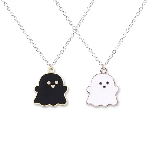 2 Stück niedliche schwarze und weiße Geister-Anhänger-Halsketten für Frauen, Männer, Mädchen, Jungen, bester Freund, schöne Geister-Charm-Halskette, Bff, Freundschaft, Paar, Schmuck, Halloween-Kostüm