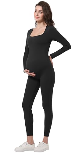 V VOCNI Maternity Jumpsuit Women's Square Neck Long Sleeve Bodycon T Shirts Yoga Leggings Romper Pregnancy Bodysuit Black Medium