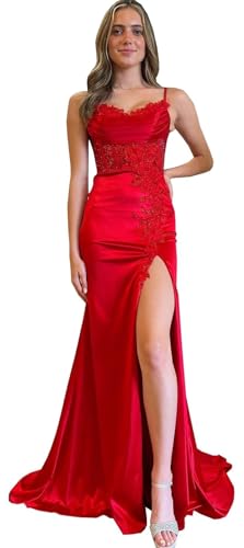 YMFFW Mermaid Long Prom Dresses with Slit Satin Appliques Evening Gowns Spaghetti Straps Formal Party Dresses for Women