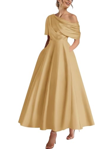 Satin Tea Length Mother of The Bride Dresses One Shoulder A Line Bridesmaid Dress