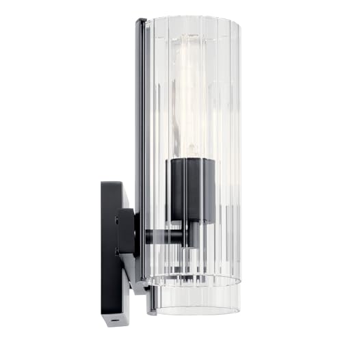 Image of Kichler Jemsa 2-Light Bathroom Vanity Light Fixture with Clear Fluted Glass in Black, Modern Wall Mount Light for Bathroom or Powder Room (9.75 inch x 13.75 inch), 55167BK