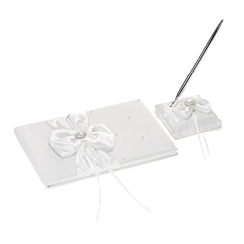 Decdeal 5pcs/Set Wedding Supplies Flower Basket + Ring Pillow + Guest Book + Pen Holder + Bride Garter Set (Pearl-Bowknot)