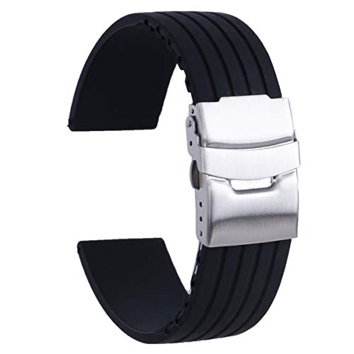 CURE(キュア) 時計ベルト 時計バンド 22mm バネ棒付属 シリコン ブラック バックル シルバー 三つ折れ プッシュ式 ダブルロック 交換ベルト