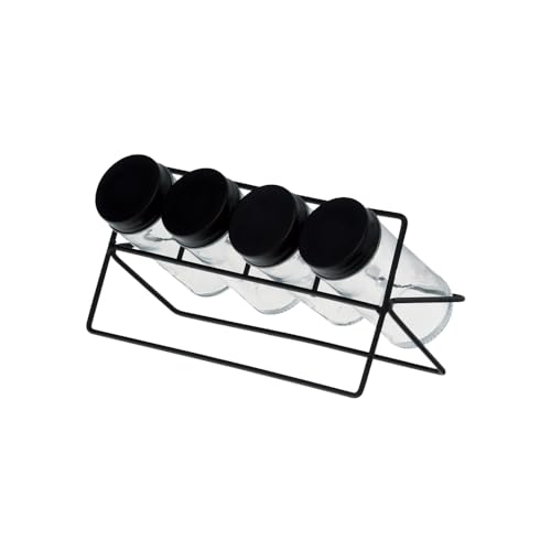 LYOR - Conjunto 4 Potes de Vidro para Temperos e Suporte em Metal Preto - 90ml