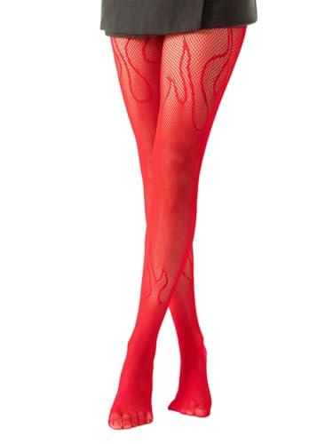 Image of Mrotrida Women's Fire Patterned Fishnet Tights Sexy Elastic Blaze Pantyhose Leggings Fire Mesh Stockings