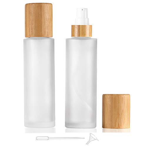 Frosted Glass Lotion Bottle,2 Pack Cosmetic Cream Bottles With Bamboo Lid Empty Travel Spray Bottles Pump Dispenser For Essential Oil Emulsion Essence Liquid (100ml) image 5