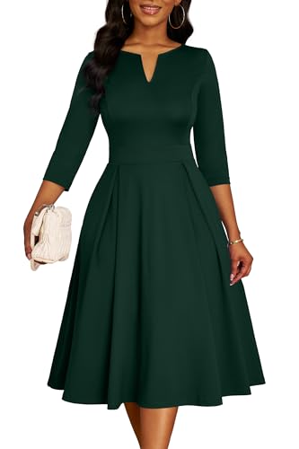 Image of Nmoder Women's A-Line Midi Dress 3 /4 Sleeve V-Neck with Pockets | Midi dress for work, church, flattering high-waist A-line back zipper for easy on /off, side pockets for convenience