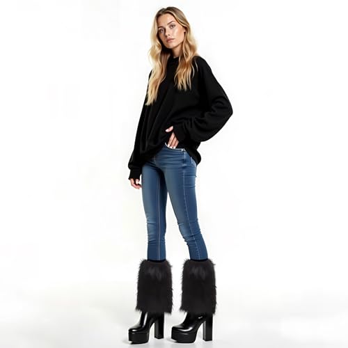 Image of Barelove Women's Faux Fur Leg Warmers, Plush Soft Furry Fluffy Winter Long Boot Cuff Wrist Covers Boots Sleeves (Black, 7.9 inch)