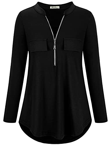 Moyabo-Damen-V-Ausschnitt-Karrierte-Bluse34-aeRmel-Tunika-ReissVerschluss-Langshirt-Langarm-Hemd-Laessiger-T-Shirt-Oberteile-Tunika-Tops