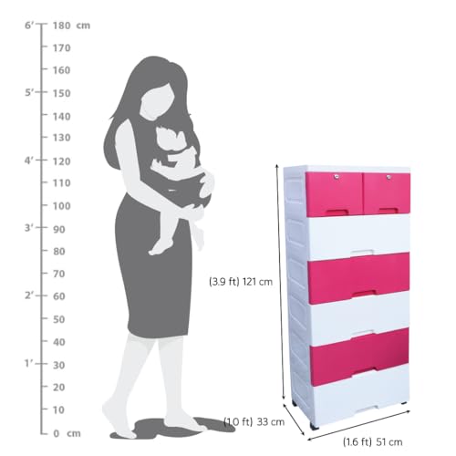Image of The Tickle Toe 7-Drawer Plastic Chest for Kids | Multipurpose Organizer & Wardrobe for Clothes & Toys with Locks | Portable Storage Cabinet, 51L x 33W x 121H cm (Pink & White)