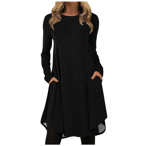 Schwarzes Kleid Damen Tunika Sommer Rockabilly Grosse Grössen Einfarbig Rundhals Langarm Swing Pulloverkleid Mit Tasche Casual Locker Blusen Blau