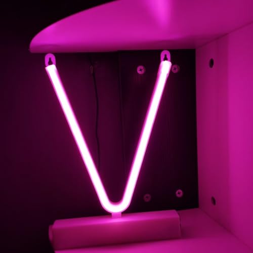 Image of V Letter Pink Neon Signs Led Neon Light up Decorative Art Lights Battery /USB Operated for Home Shop Bar Baby Shower Birthday Wedding Party,Valentine Gifts