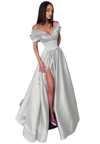 Image of Pleated Off The Shoulder Satin Prom Dresses for Women, Formal Evening Gowns Cocktail Party Dresses with Slit&Pockets