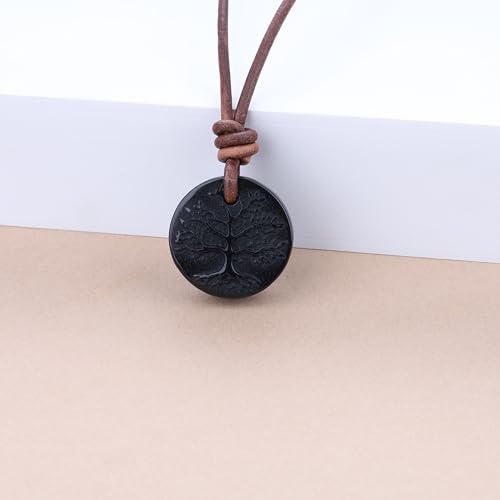 COAI Genuine Leather Necklace for Men Women, Tree of Life Pendant Black Obsidian Necklace for Men Women 20"/22"/24"4