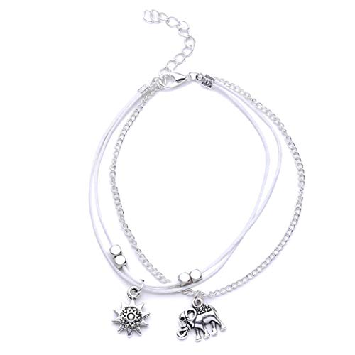 Hengxingwf Boho Retro Multi-layer Charm Anklet with Elephant Sun Pendant for Women Foot Jewelry Summer Barefoot Beach Chain Anklet