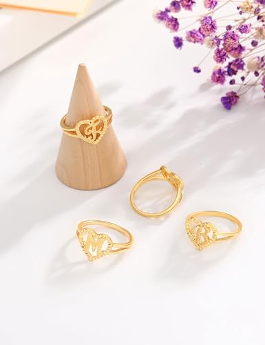 Image of RLMOON Gold Initial Rings for Women Non Tarnish 14K Gold Plated Vintage Heart Thumb Rings Personalized Carved Letter Statement Stackable Rings Size 6-10 Jewelry Gifts