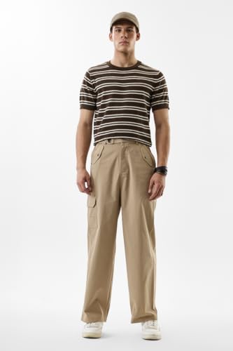 Image of SNITCH Men Cargo Pants | Relaxed Fit Wide-Leg Utility Wear | 100% Polyester with Herringbone Texture & Multiple Utility Pockets | Durable Design for Casual & Everyday Wear