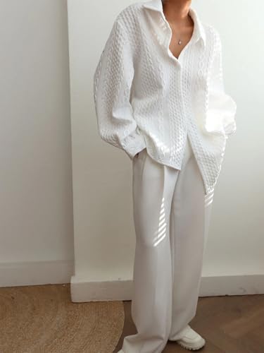 Fisoew Womens Oversized Button Down Shirts Textured Collared Long Sleeve Shacket Casual Fall Blouses Tops4