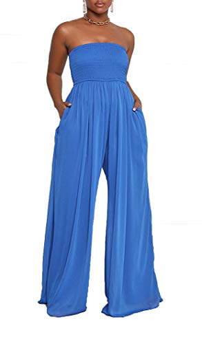 Ophestin Women's Strapless Tube Wide Leg Jumpsuits Smocked Casual Off Shoulder Loose Long Pants One Piece Jumpsuits Rompers Blue M #TOP2