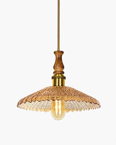 Image of Homesake Botanica Pendant Lamp | Petal Scalloped Glass Hanging Light with Solid Wood Top | Vintage European Ceiling Fixture, Pendant Light for Home Decor, Hallway, Kitchen & Balcony, (Ripple, Yellow)