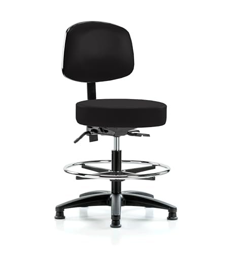 Image of Perch Stationary Height Adjustable Doctor's Stool with Back and Foot Ring | Medium Bench Height 21-28.5 inch | Black Vinyl