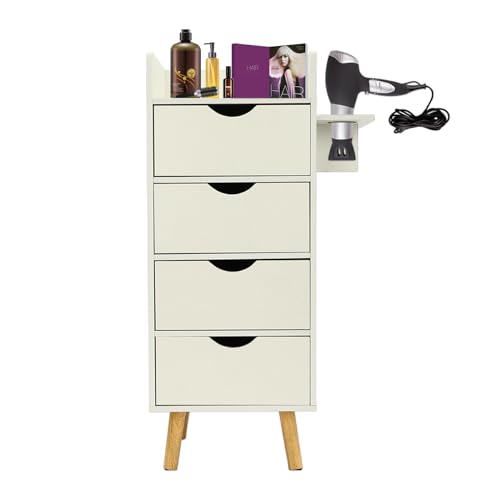 HuaShuani Salon Storage Cabinet with 2 Hair Dryer Holder, Barber Storage Cabinet Hair Stylist Station with 4 Drawers and Raised Table Legs for Beauty Spa Barber Shop (White)