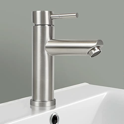 Mursche Grifo de baño para lavabo - Grifos de baja presión grifo de agua fría con caño altura 100 mm grifo mezclador monomando para baño, níquel cepillado Cover