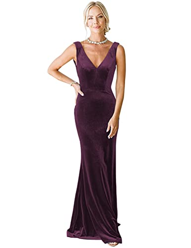 Clothfun V-Neck Velvet Bridesmaid Dress for Women Long Mermaid Maxi Formal Dresses