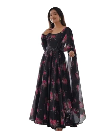 Women's Floral Printed Anarkali Gown with Waist Belt & Dupatta-image-35