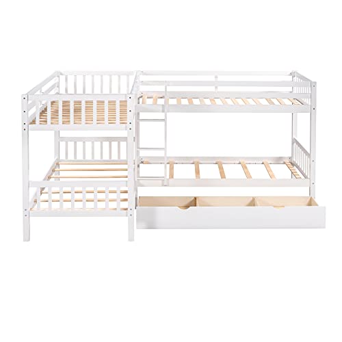 Morhome L-Shaped Bunk Bed with Drawers, Bunk Bed for 4 Twin Over Twin for Boys Girls Kids Teen Wood Quad Bunk Beds Frame