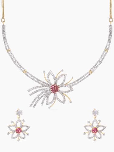 Yellow Chimes American Diamond Necklace Set For Women | Red and White Stone Gold plated Jewellery Set For Women | Diamond Necklace Set | Birthday Gift for Girls Anniversary Gift for Wife