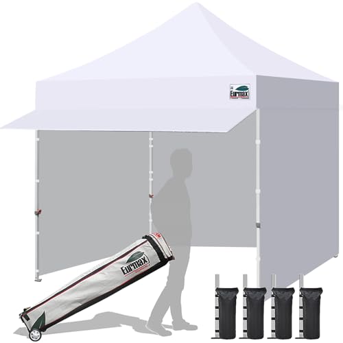 Eurmax USA 10x10 Pop Up Canopy,Commercial Tent with Patented No-Tip Rolling Bag,24sqft Extension Awning & 4 Zippered Removable Walls,UV & Water Resistant,Heavy Duty Instant Shelter Gazebo,White