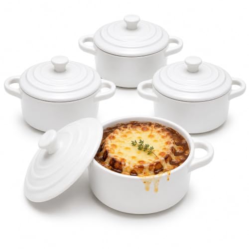 Mini Dutch Oven Set of 4 14 oz Ceramic Mini Dutch Ovens with Lids and Handles Ramekins with Lids for French Onion Soup Pot Pies Souffls and Baked Desserts Oven Safe Microwave and Dishwasher Safe Mini Cocotte
