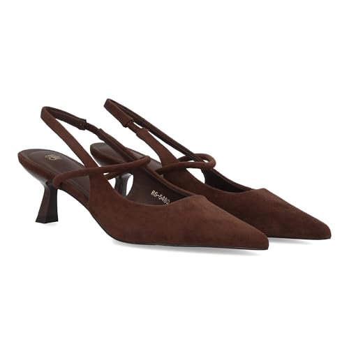 shoes&blues.es Zapato para Mujer de Salon con Tacon bajo, Punta Fina y Tira Cruzada. Estampado Liso, Ideal para Looks de Oficina o Eventos Especiales. Marron Talla 39