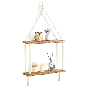 Mkono Macrame Hanging Shelf Boho Wall Decor 2 Tier Handmade Cotton Rope Rustic Wood Floating Shelves Display Photos Plants Hanging Storage Shelving for Living Room Nursery Bathroom Bedroom