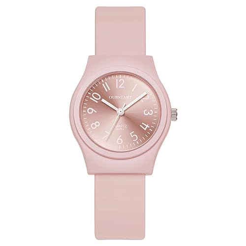 Avaner Reloj de niño de silicona de cuarzo analógico: Reloj de estudiante de niña con correa de color jalea colorido con escala digital-rosa, correa